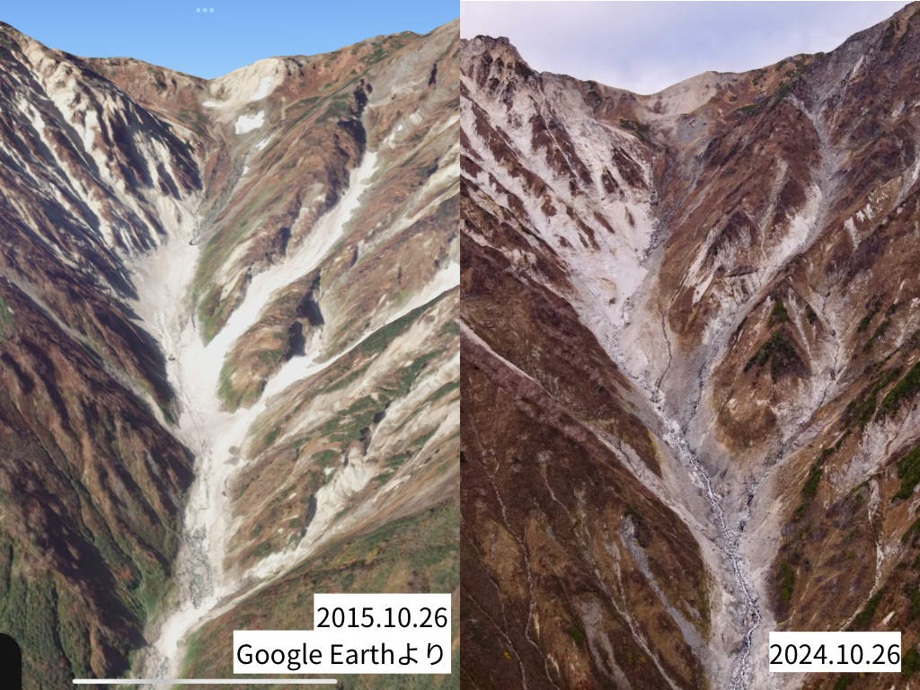 白馬大雪渓の比較 2015年と2024年